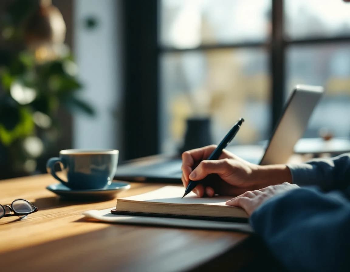 Recruiter schrijft aandachtig in een notitieboek, met koffie en laptop op een houten bureau bij zacht daglicht.