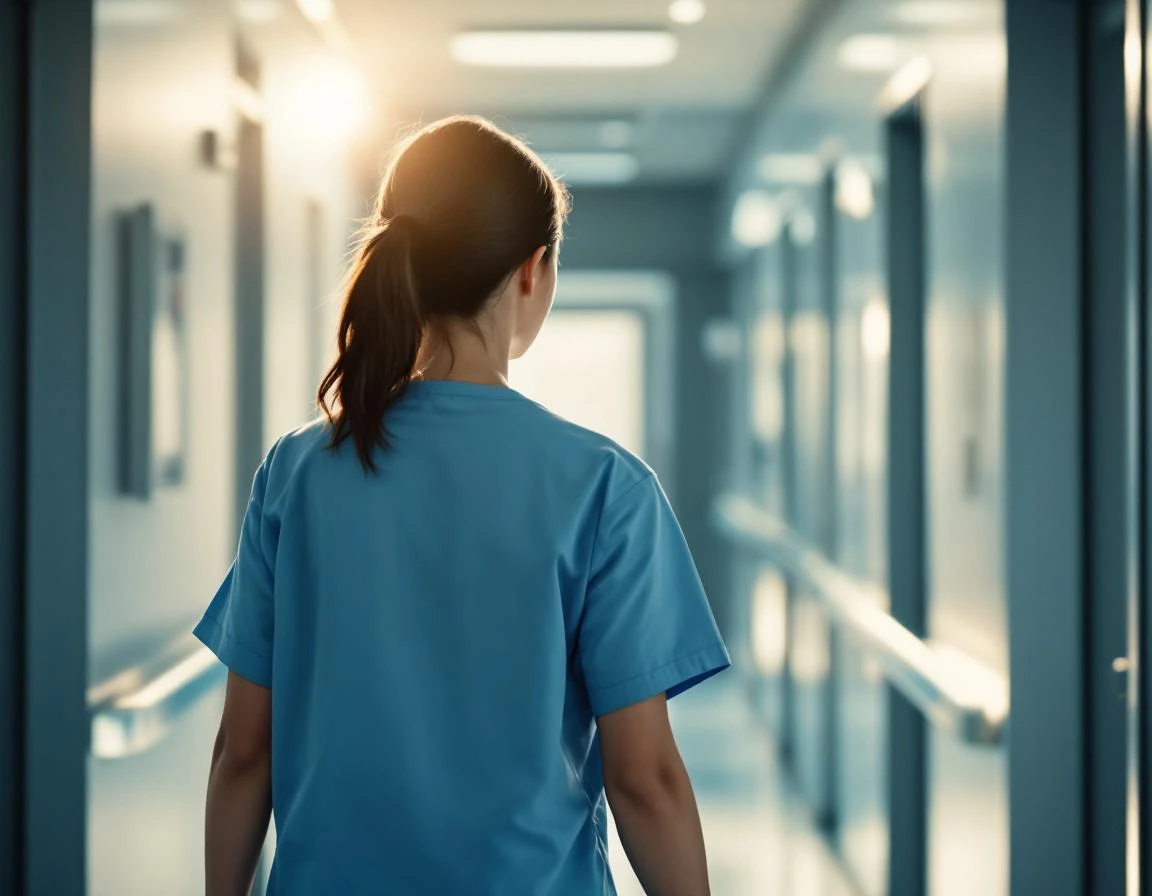 Enfermera con uniforme azul claro en un pasillo de hospital.