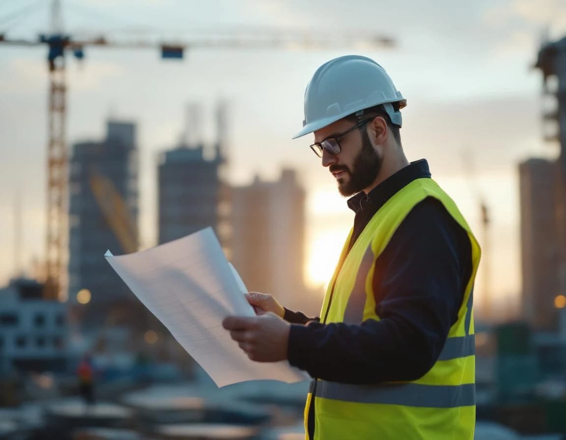 Ingeniero con casco revisa planos técnicos en una obra de construcción.