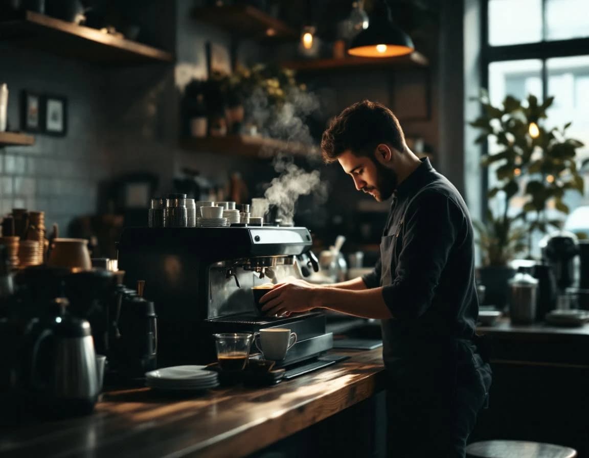 Barista prépare un café à un comptoir en bois.