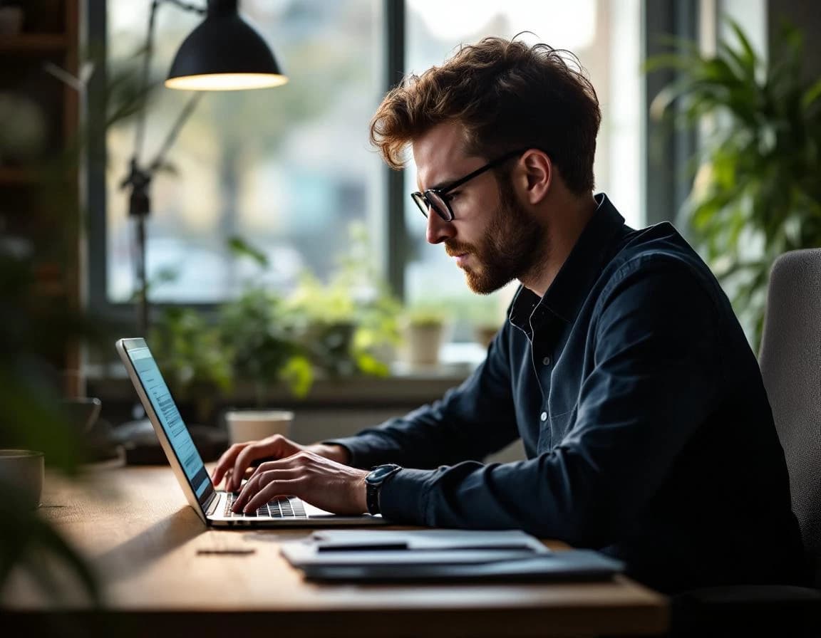 Software developer focused at a laptop near a window.