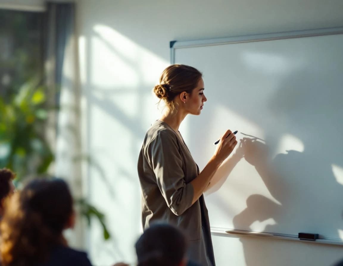 Profesor escribe en una pizarra blanca en un aula.