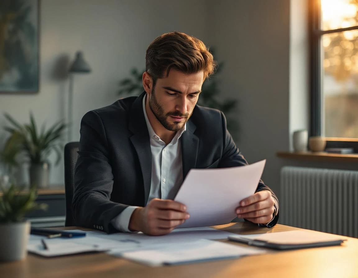 Executive-Search-Berater prüft einen Lebenslauf an einem minimalistischen Schreibtisch.