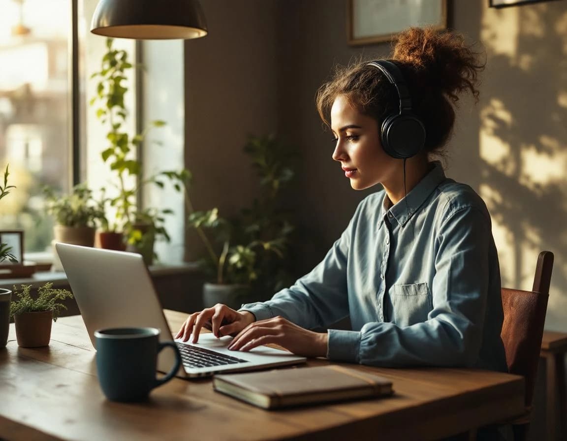 Freelancer an einem Coworking-Schreibtisch mit Laptop und Kaffee.