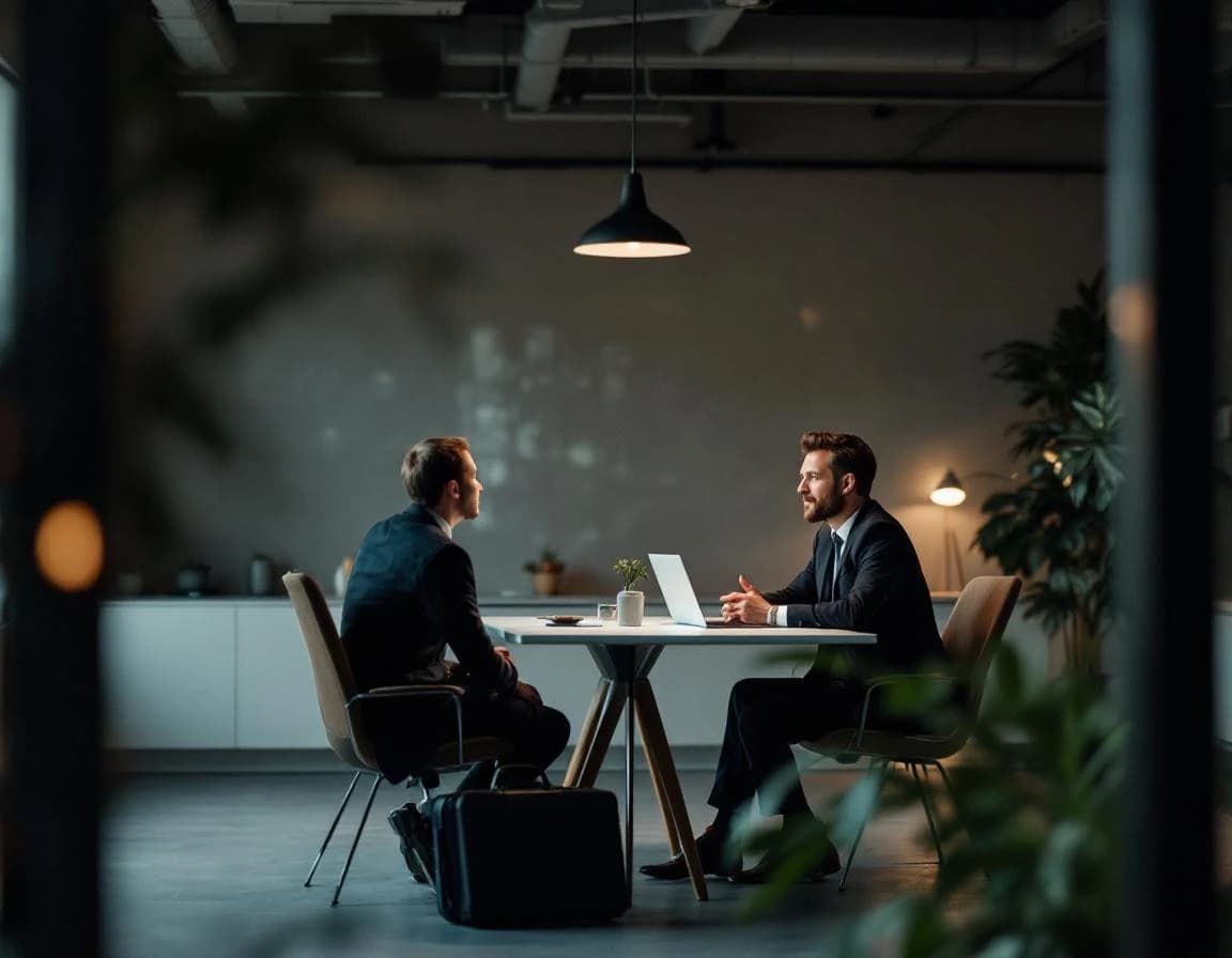 Consultor en visita a cliente con maletín, reunión en una mesa.