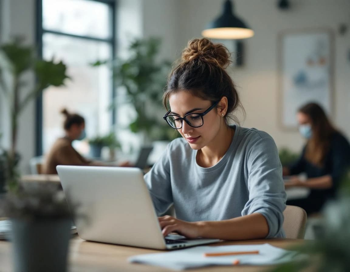 Recruteur sur un ordinateur portable dans un bureau moderne compact avec équipe.